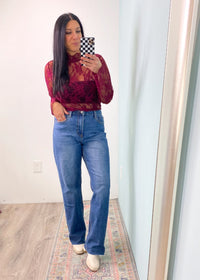 'Delicate Love' Deep Burgundy Ruffle Trim Sheer Lace Top - Cali Moon Boutique