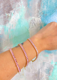 'The Marilyn' Baguette Burst Rose Pink Crystal Bracelet-This blingy baguette stone bracelet is makes a statement but dainty enough to stack with others!-Cali Moon Boutique, Plainville Connecticut