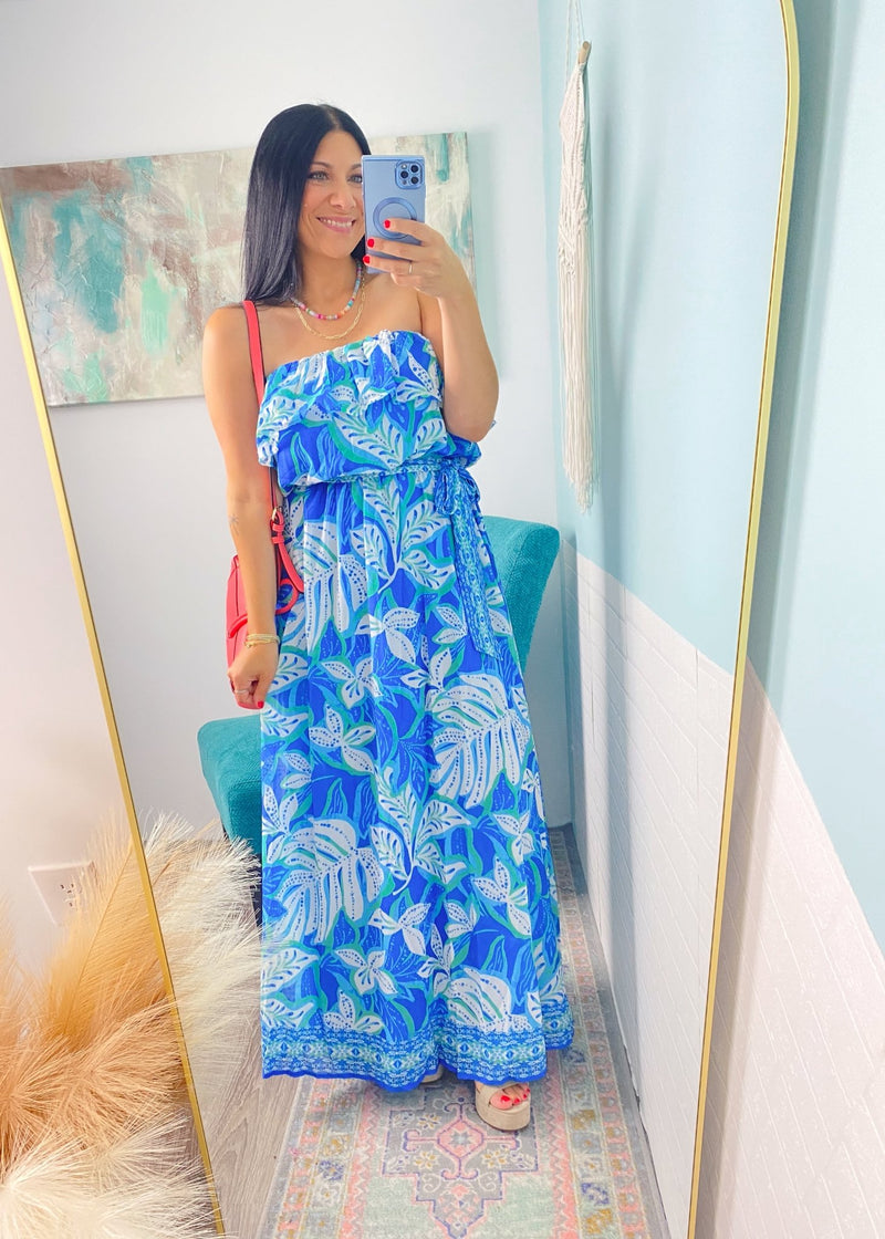 'Bali Breeze' Blue & Turquoise Tropical Print Maxi Dress - Cali Moon Boutique