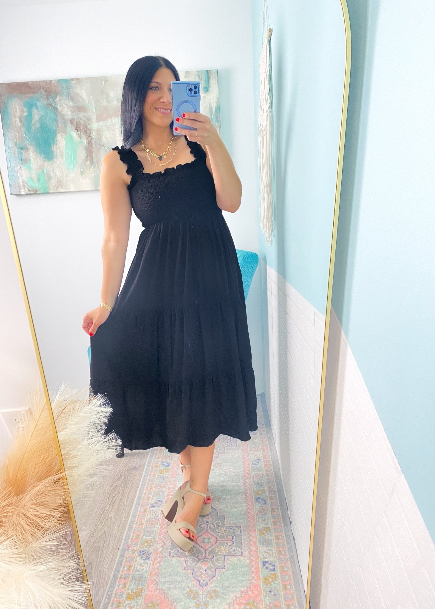 'Moonlight Shadow' Black Smocked Tiered Midi Dress - Cali Moon Boutique