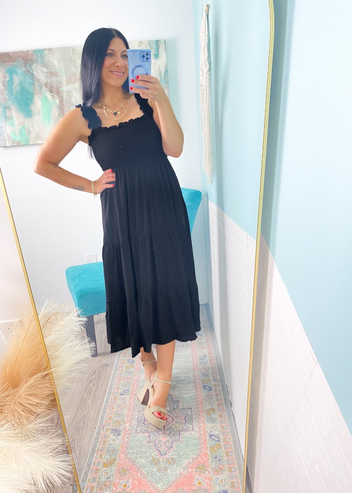 'Moonlight Shadow' Black Smocked Tiered Midi Dress - Cali Moon Boutique