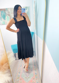 'Moonlight Shadow' Black Smocked Tiered Midi Dress - Cali Moon Boutique