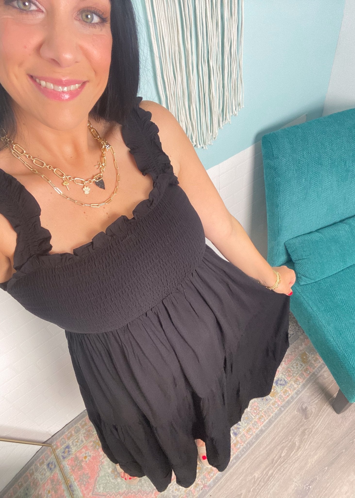 'Moonlight Shadow' Black Smocked Tiered Midi Dress - Cali Moon Boutique