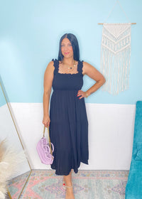 'Moonlight Shadow' Black Smocked Tiered Midi Dress - Cali Moon Boutique