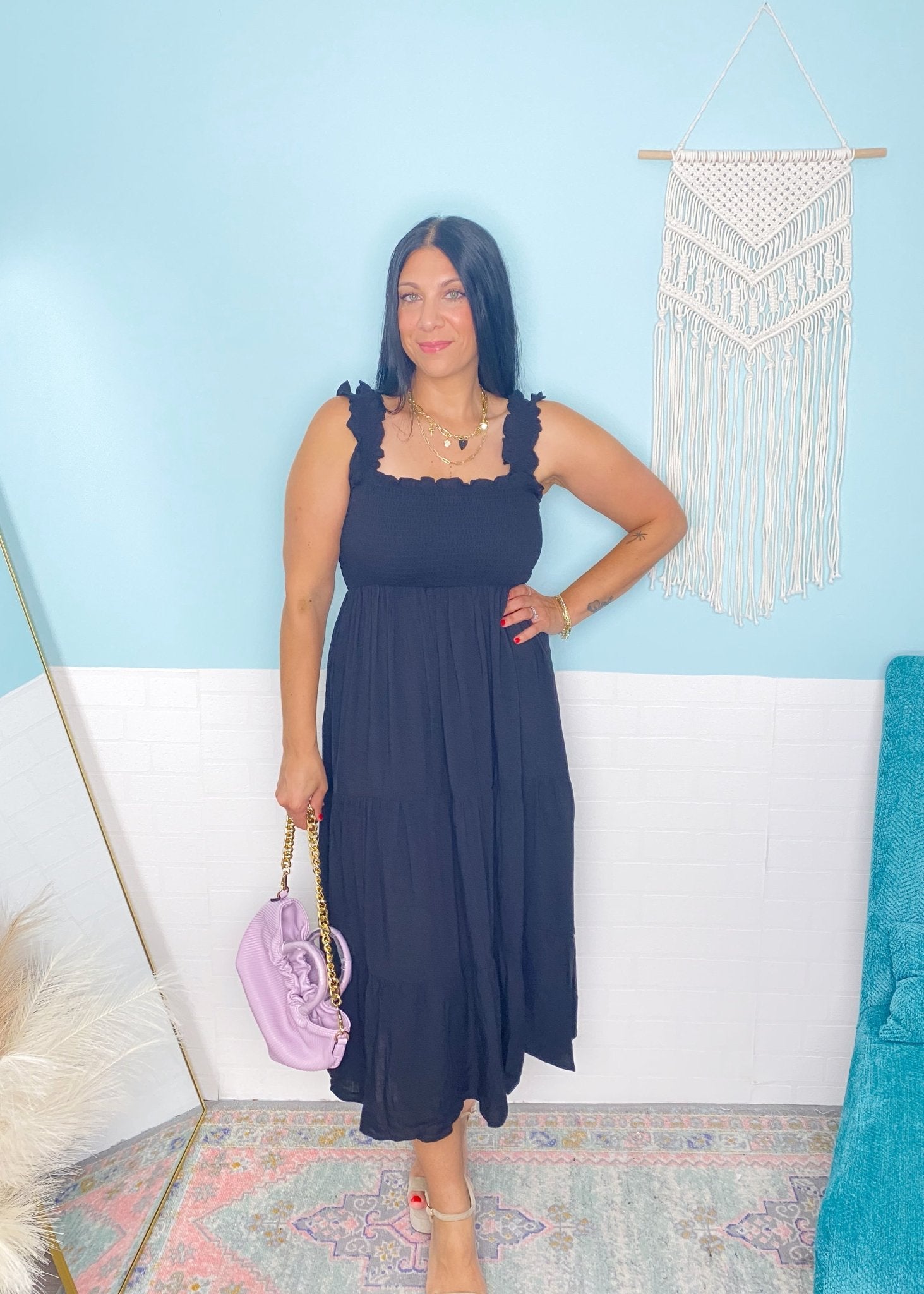 'Moonlight Shadow' Black Smocked Tiered Midi Dress - Cali Moon Boutique