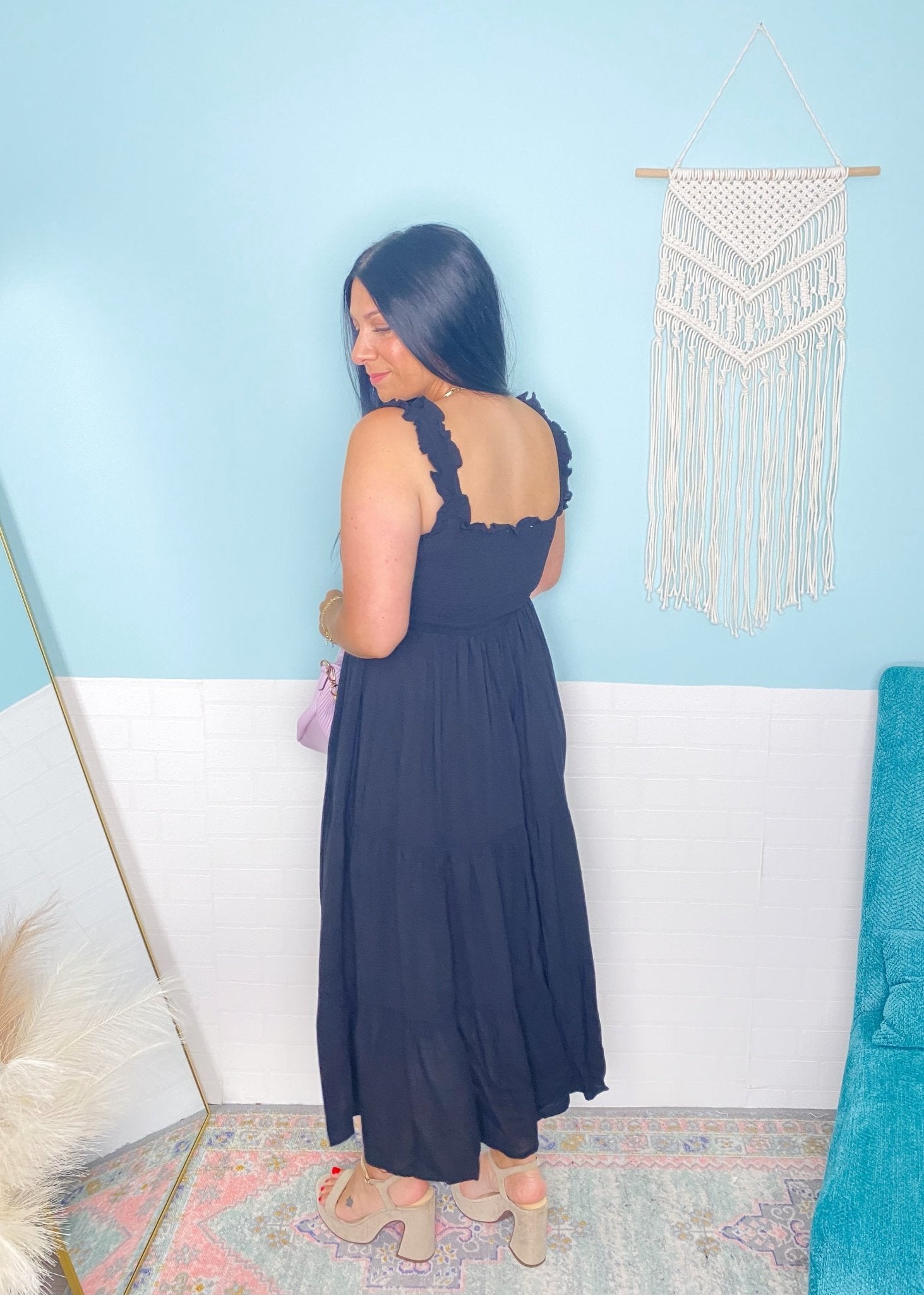 'Moonlight Shadow' Black Smocked Tiered Midi Dress - Cali Moon Boutique