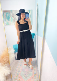 'Moonlight Shadow' Black Smocked Tiered Midi Dress - Cali Moon Boutique