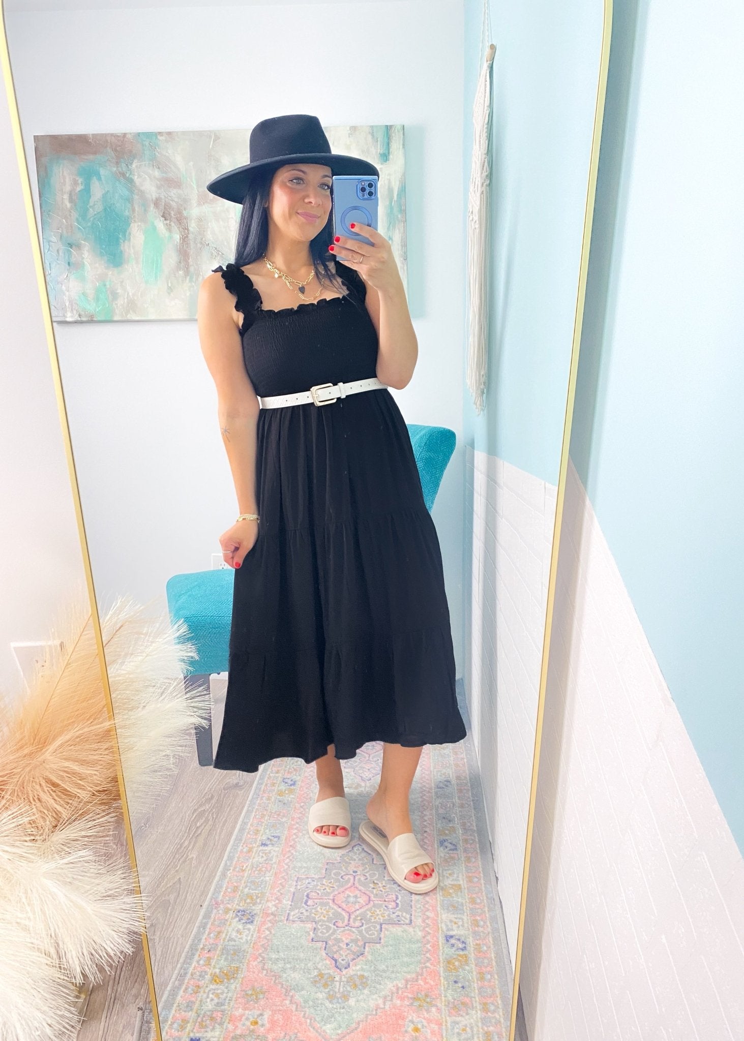 'Moonlight Shadow' Black Smocked Tiered Midi Dress - Cali Moon Boutique