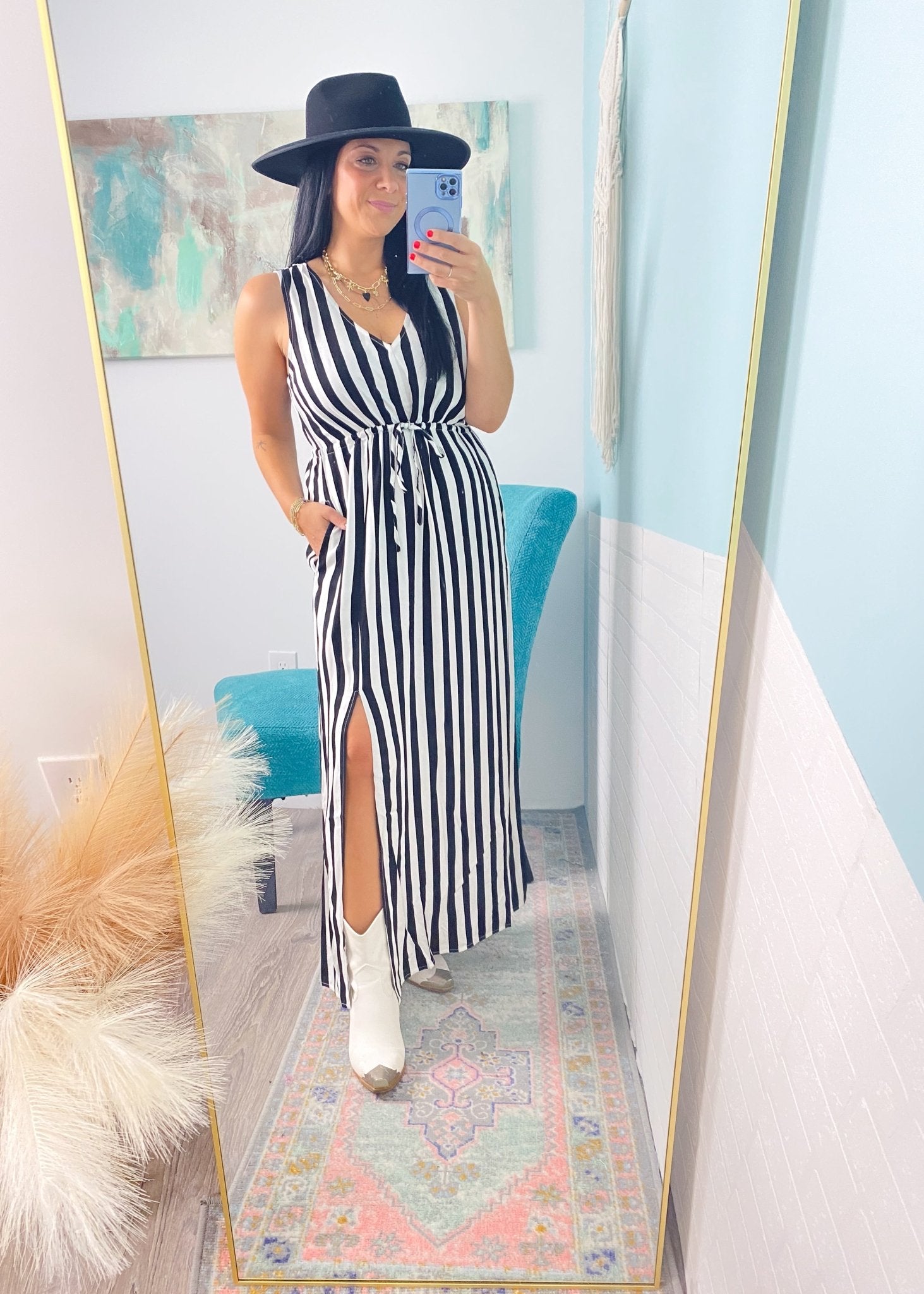 'Midnight Marina' Black + White Stripe V - Neck Maxi Dress - Cali Moon Boutique
