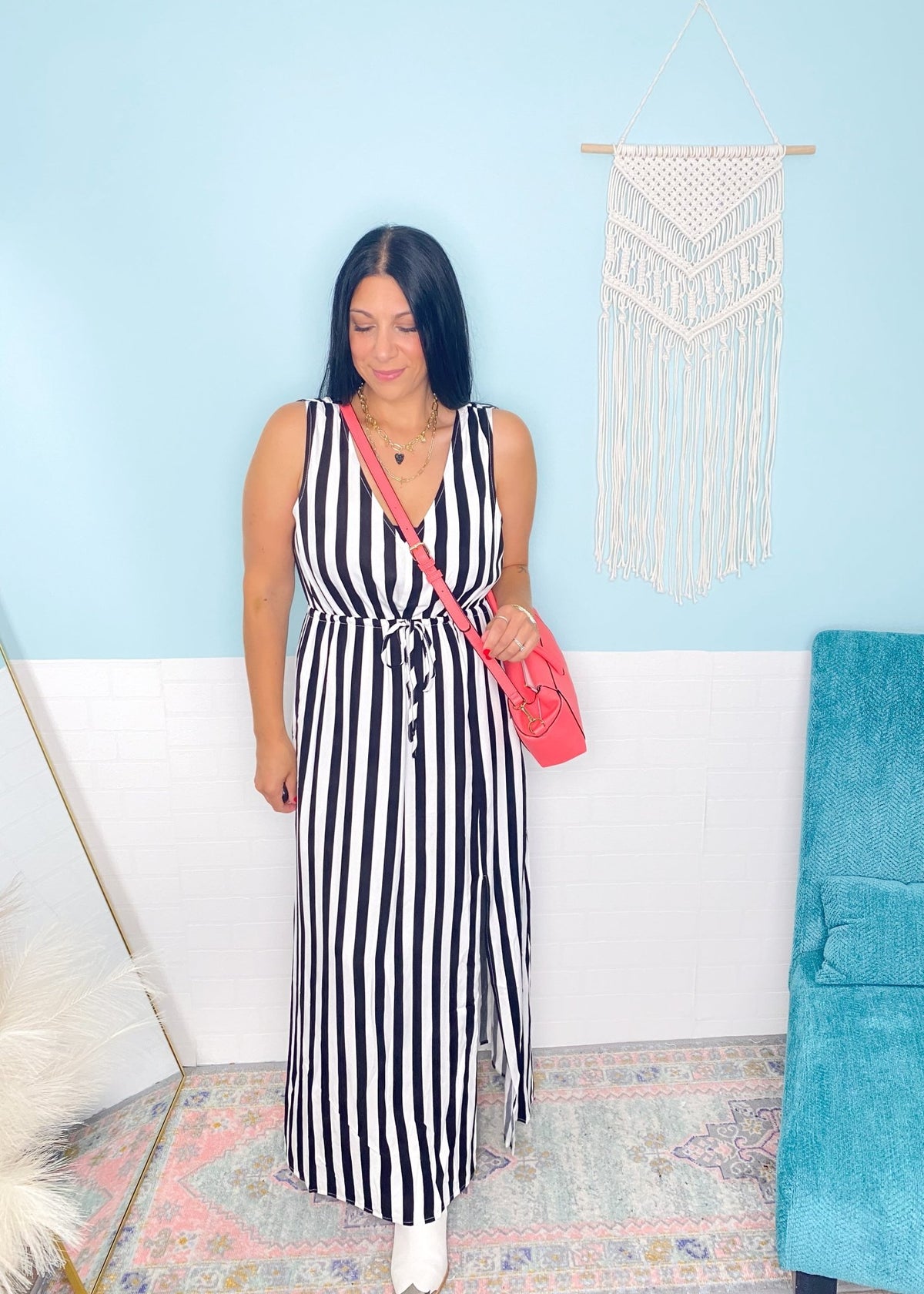 'Midnight Marina' Black + White Stripe V - Neck Maxi Dress - Cali Moon Boutique