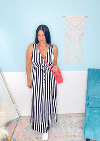 'Midnight Marina' Black + White Stripe V - Neck Maxi Dress - Cali Moon Boutique