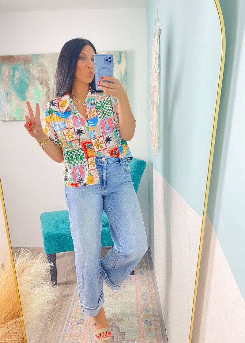 'Send a Post Card' Island Themed Print Semi Cropped Top - Cali Moon Boutique