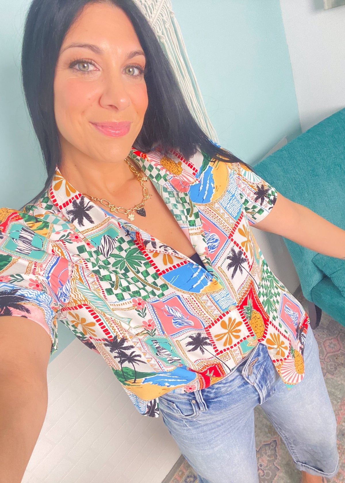 'Send a Post Card' Island Themed Print Semi Cropped Top - Cali Moon Boutique