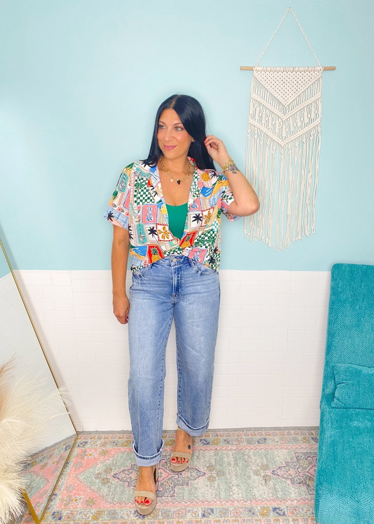 'Send a Post Card' Island Themed Print Semi Cropped Top - Cali Moon Boutique