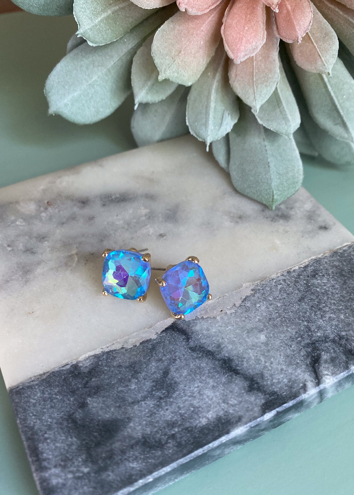 Turquoise Square Rhinestone Stud Earrings-Turquoise Square Rhinestone Stud Earrings-Cali Moon Boutique, Plainville Connecticut