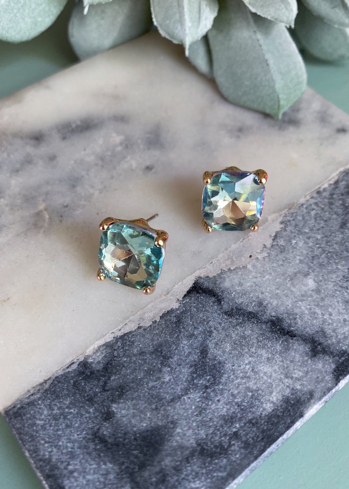 Aqua Square Rhinestone Stud Earrings-Aqua Square Rhinestone Stud Earrings-Cali Moon Boutique, Plainville Connecticut