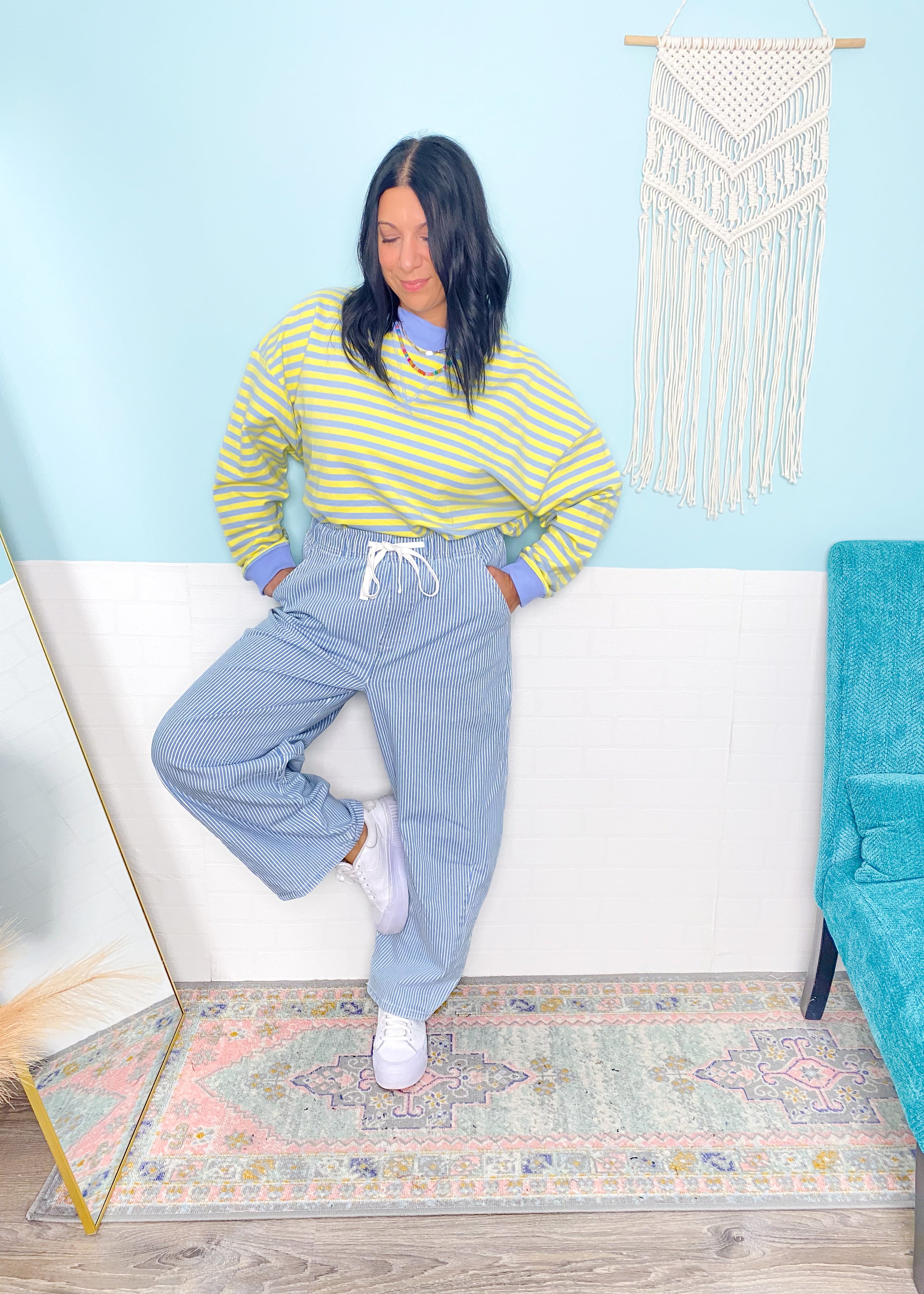 'Sun Shower' Lemon + Blue French Terry Stripe Mock Neck