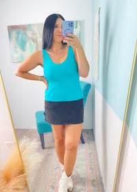 'Victory' Turquoise Double Layered V - Neck Fitted Tank Top - Cali Moon Boutique