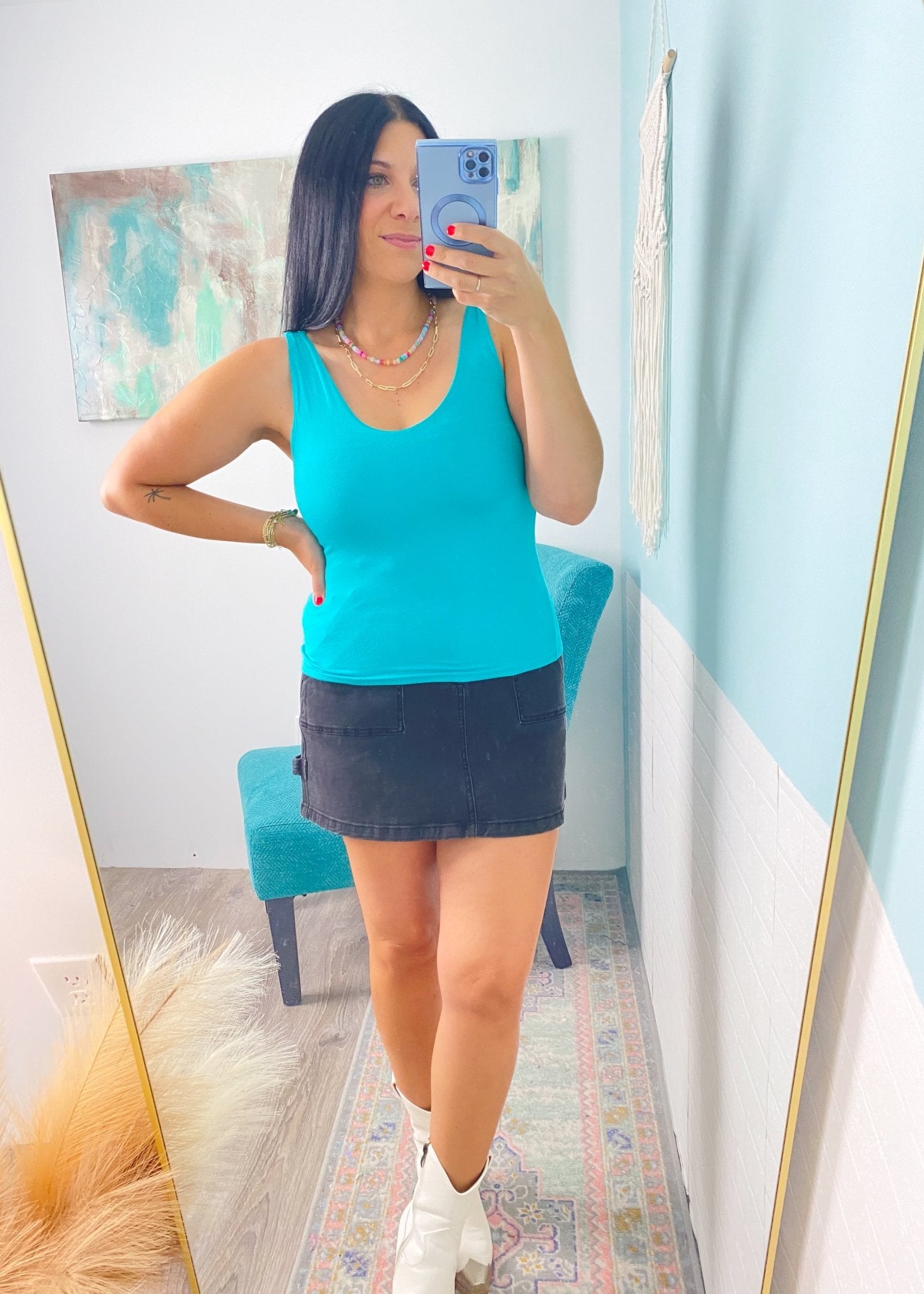 'Victory' Turquoise Double Layered V - Neck Fitted Tank Top - Cali Moon Boutique