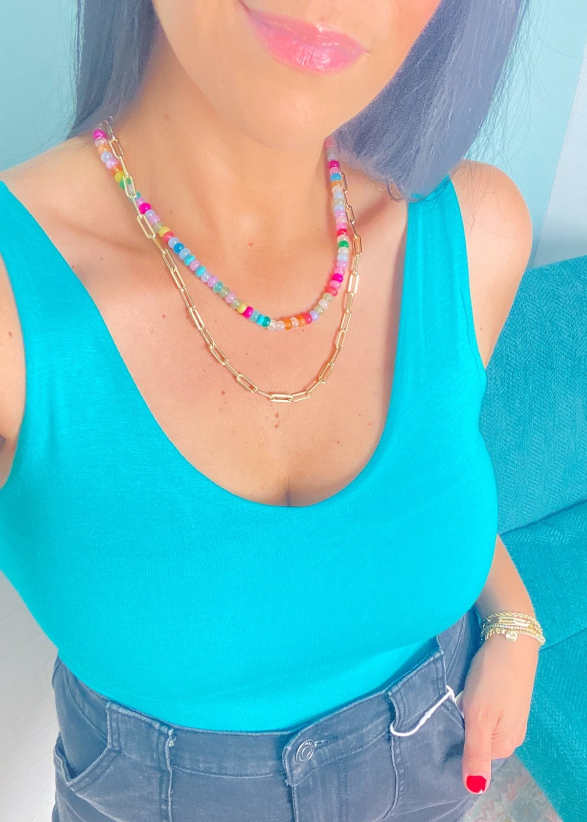 'Victory' Turquoise Double Layered V - Neck Fitted Tank Top - Cali Moon Boutique