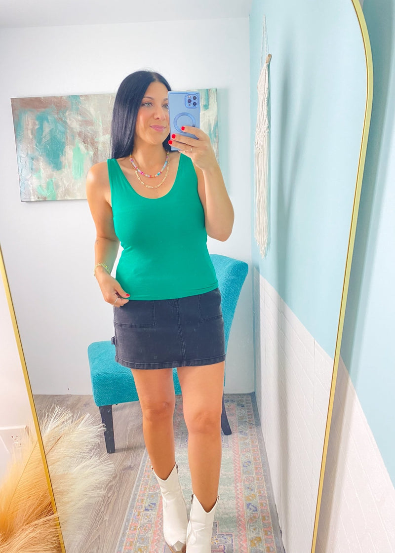 'Victory' Emerald Green Double Layered V - Neck Fitted Tank Top - Cali Moon Boutique