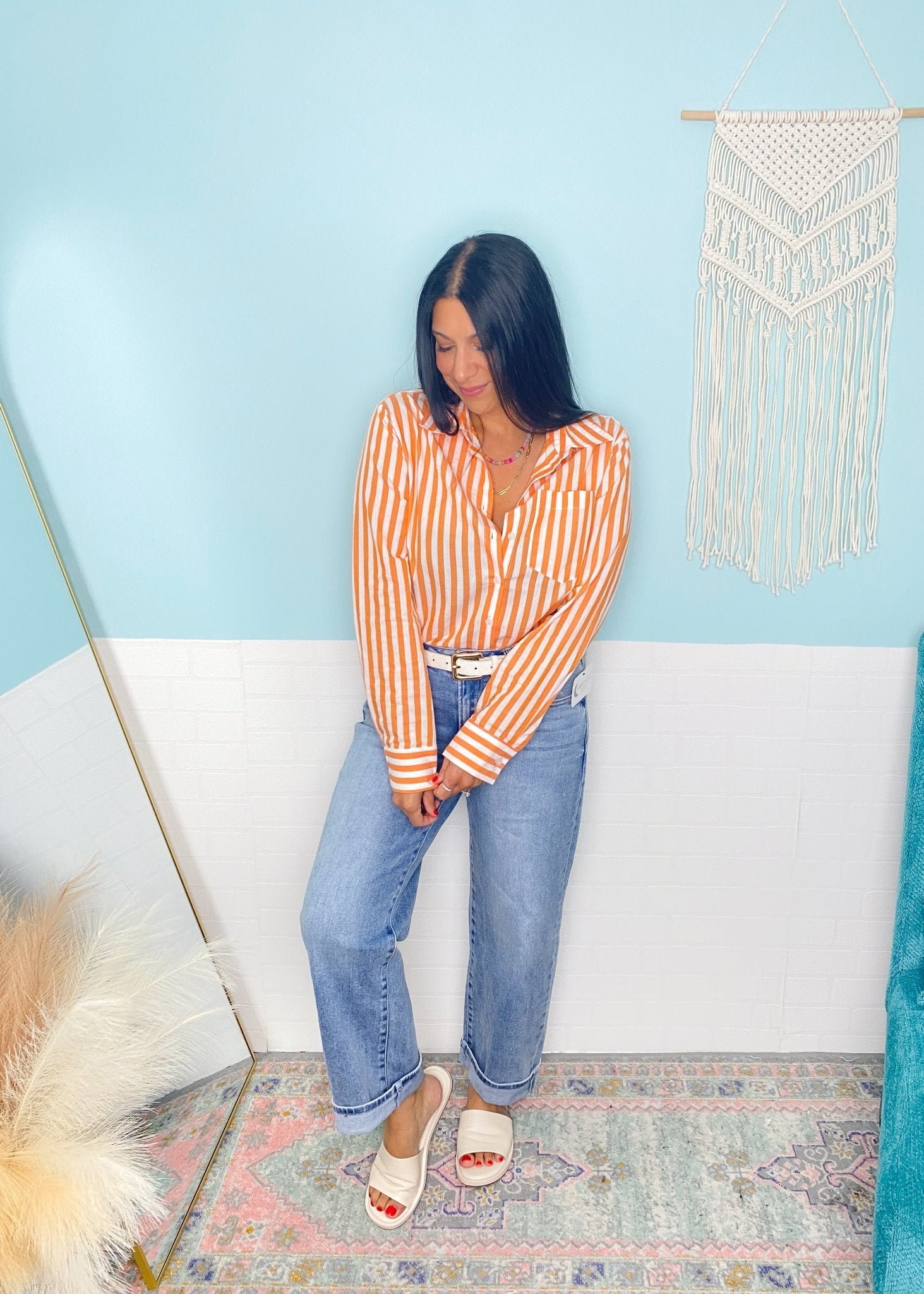 'Midday Spritz' Orange & White Stripe Cotton Button Front Top - Cali Moon Boutique