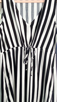 'Midnight Marina' Black + White Stripe V - Neck Maxi Dress - Cali Moon Boutique