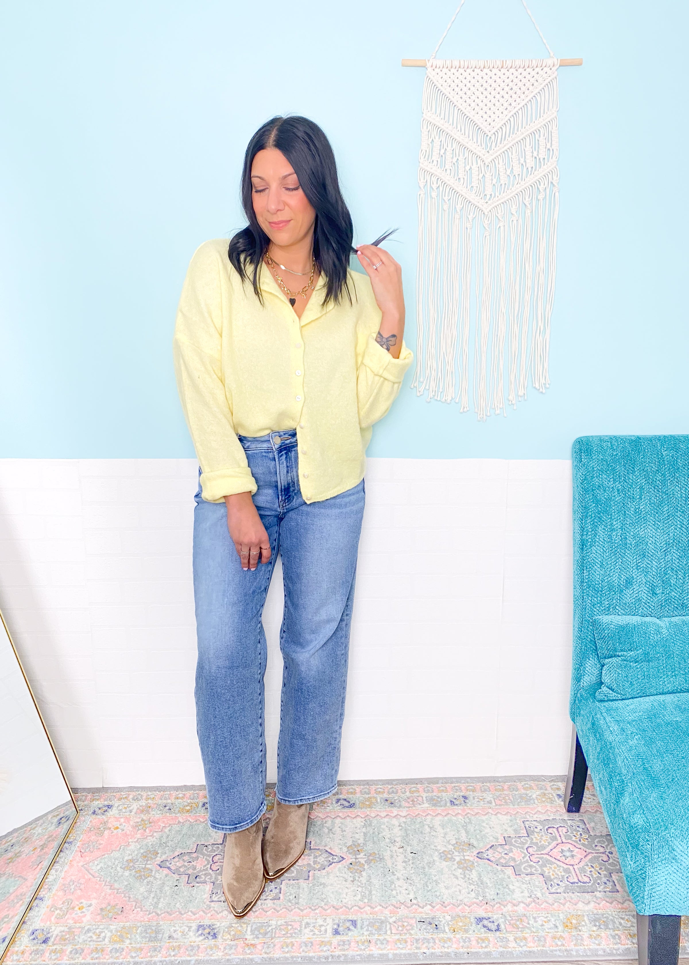 'Everyday Luxe' Butter Yellow Rolled Neck Soft Cardigan