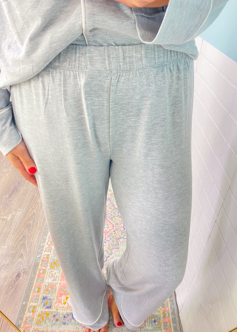 Heather Gray Ultra Soft Long Sleeve & Wide Leg Pants Pajamas-The coziest pajama set for your slow mornings and chill nights! This set is ultra soft, stretchy &amp; breathable featuring a button front, wide leg pant and chic piping trims.-Cali Moon Boutique, Plainville Connecticut