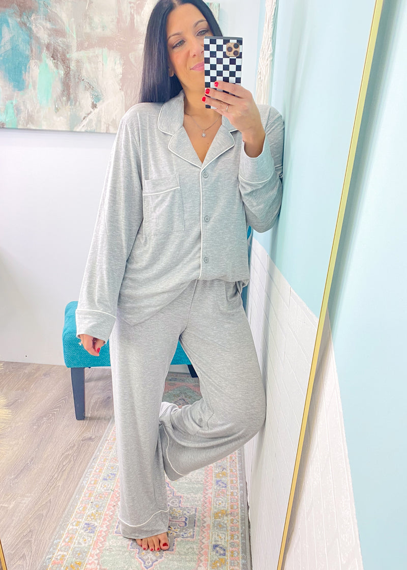 Heather Gray Ultra Soft Long Sleeve & Wide Leg Pants Pajamas-The coziest pajama set for your slow mornings and chill nights! This set is ultra soft, stretchy &amp; breathable featuring a button front, wide leg pant and chic piping trims.-Cali Moon Boutique, Plainville Connecticut