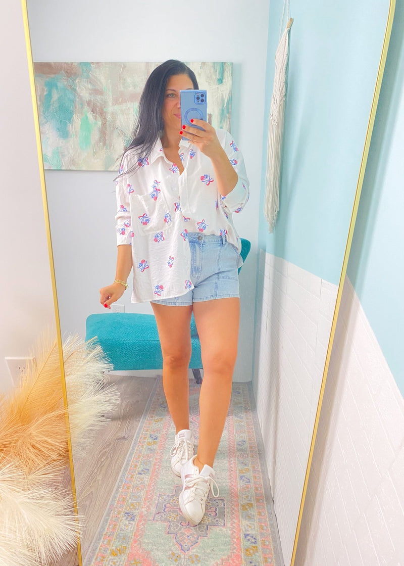 'Sweet Land' Stars & Stripes Bow + Cherry Print Button Down Shirt - Cali Moon Boutique