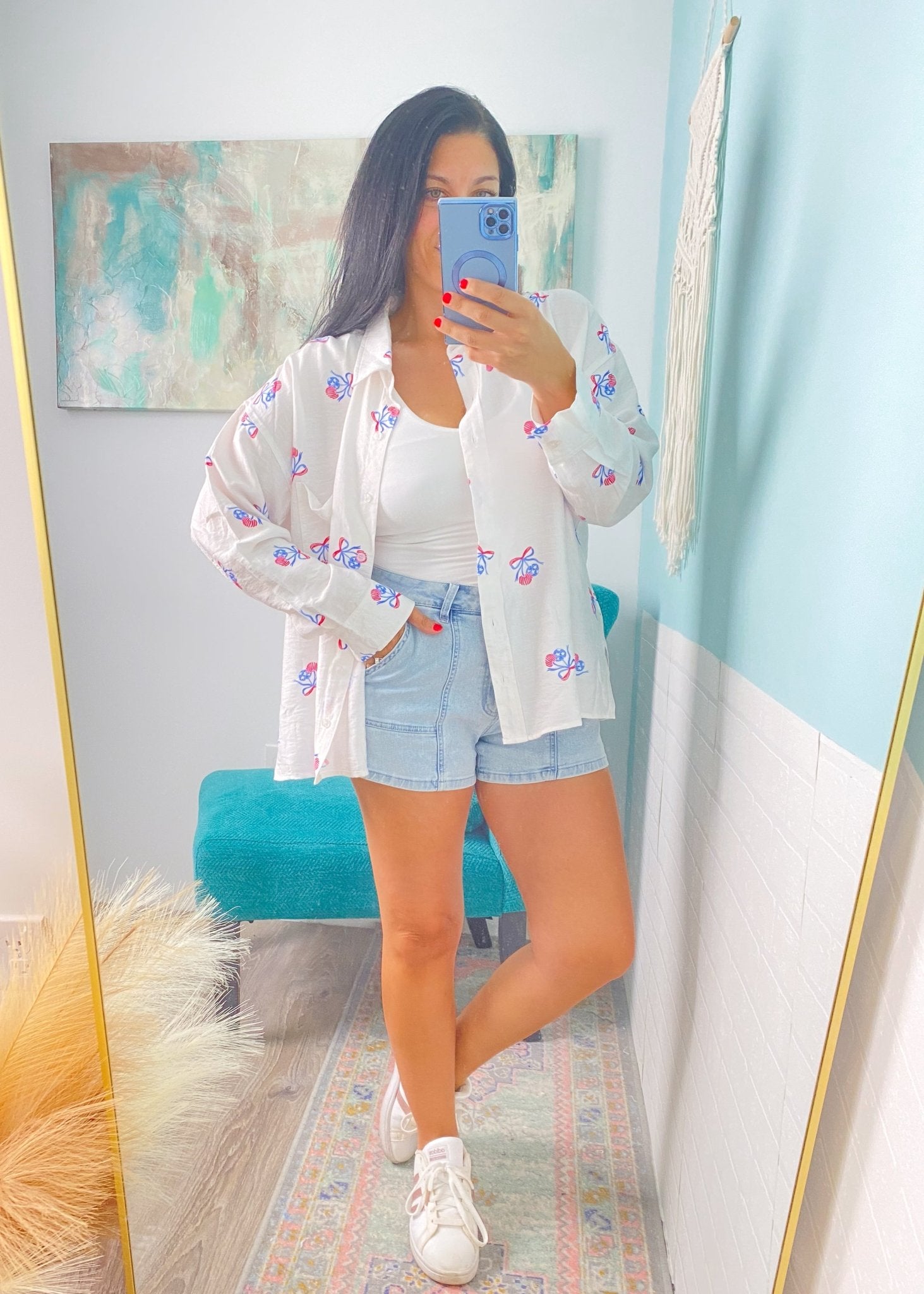 'Sweet Land' Stars & Stripes Bow + Cherry Print Button Down Shirt - Cali Moon Boutique