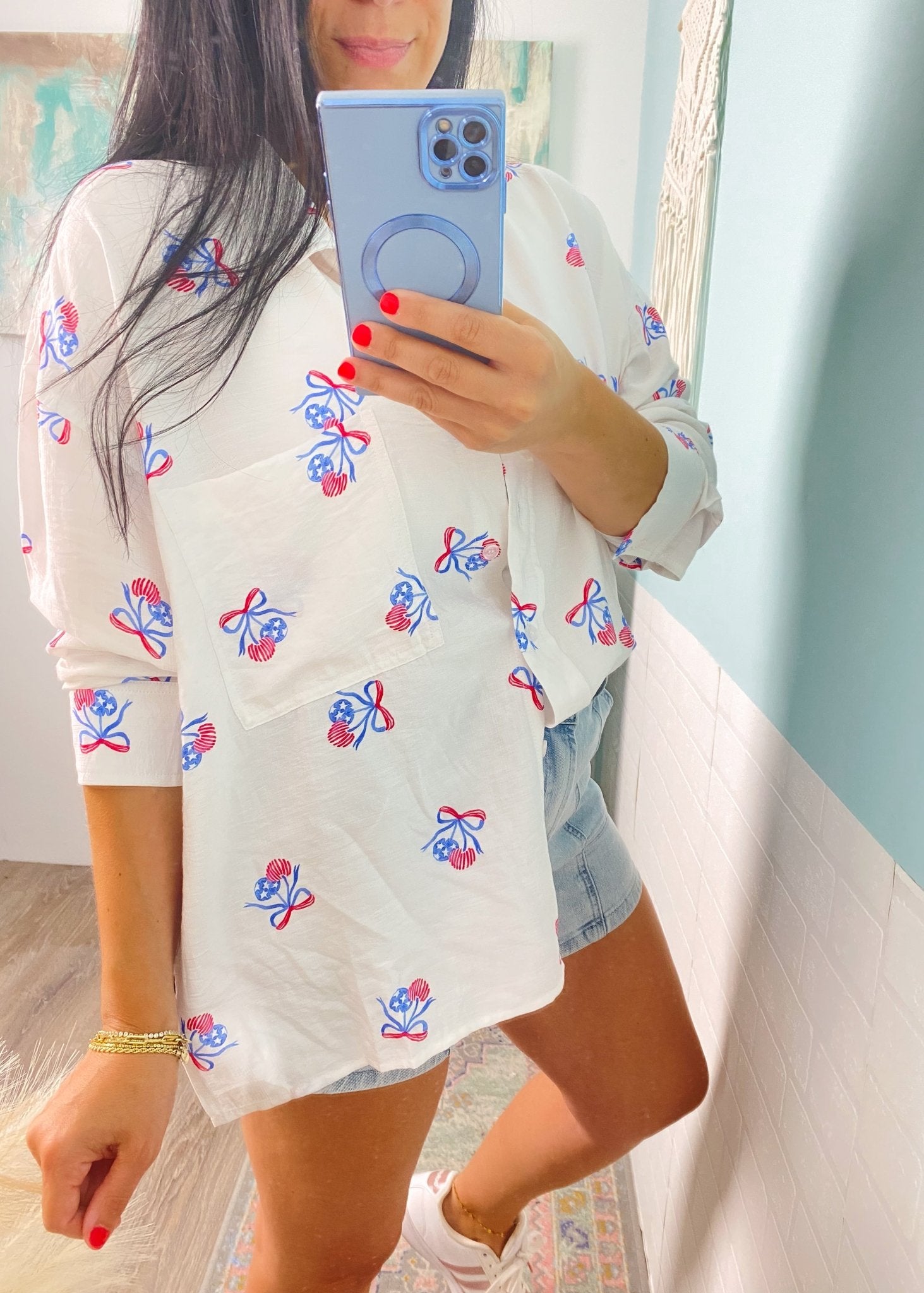 'Sweet Land' Stars & Stripes Bow + Cherry Print Button Down Shirt - Cali Moon Boutique