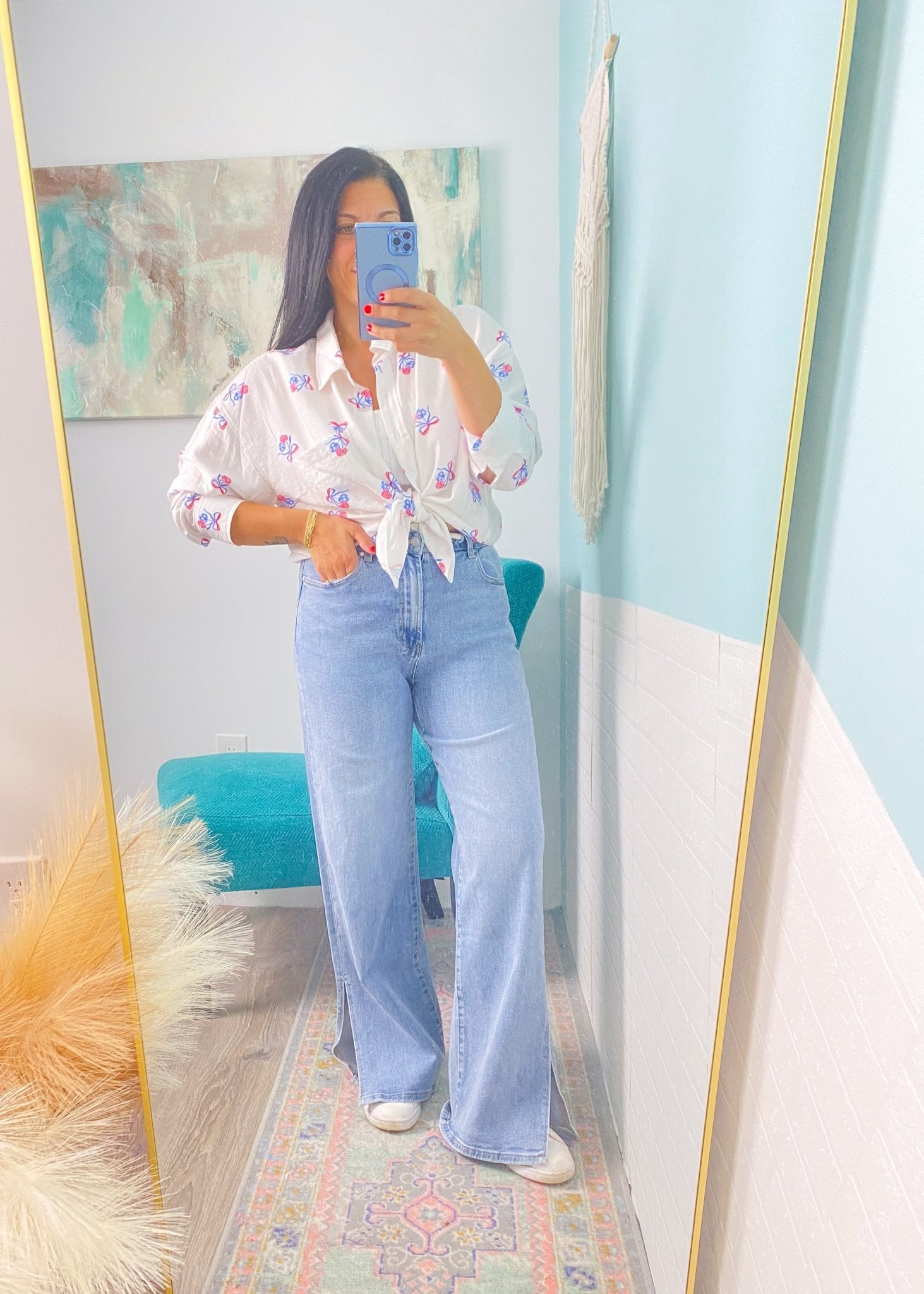 'Sweet Land' Stars & Stripes Bow + Cherry Print Button Down Shirt - Cali Moon Boutique