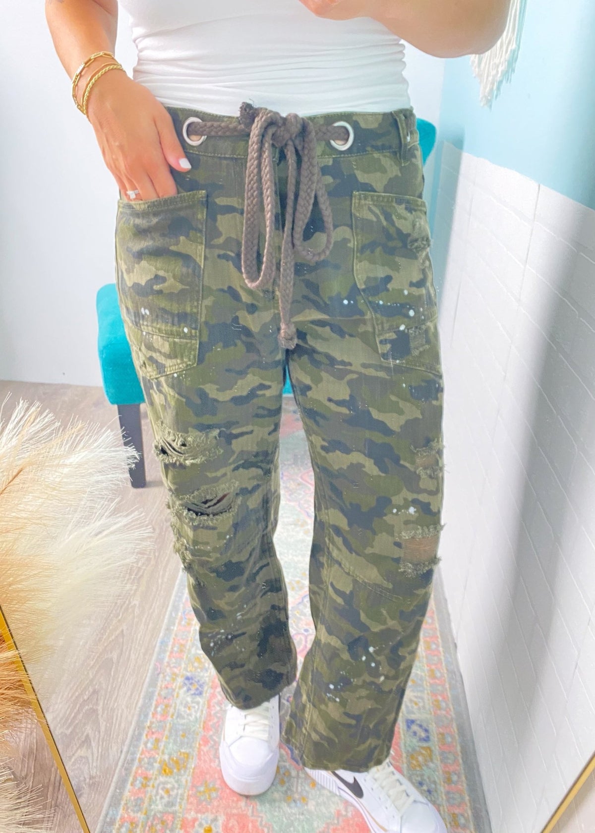 'Born to Be Wild' Tapered Camo Twill Pants with Paint Splatter - Cali Moon Boutique