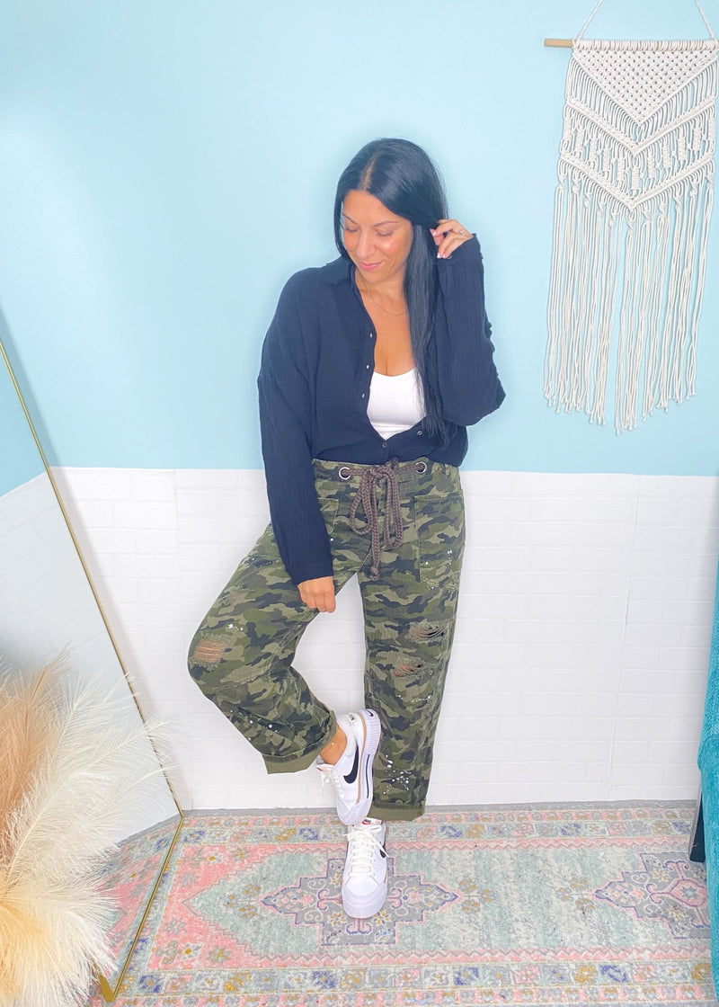 'Born to Be Wild' Tapered Camo Twill Pants with Paint Splatter - Cali Moon Boutique