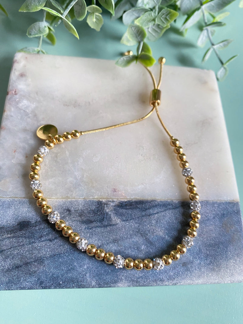 3MM Gold Two Tone Solid & Rhinestone Bead Adjustable Bracelet-A little bling, a little basic! This two tone beaded adjustable bracelet has the best of both worlds. The rhinestone filled beads give off tons of shine.-Cali Moon Boutique, Plainville Connecticut