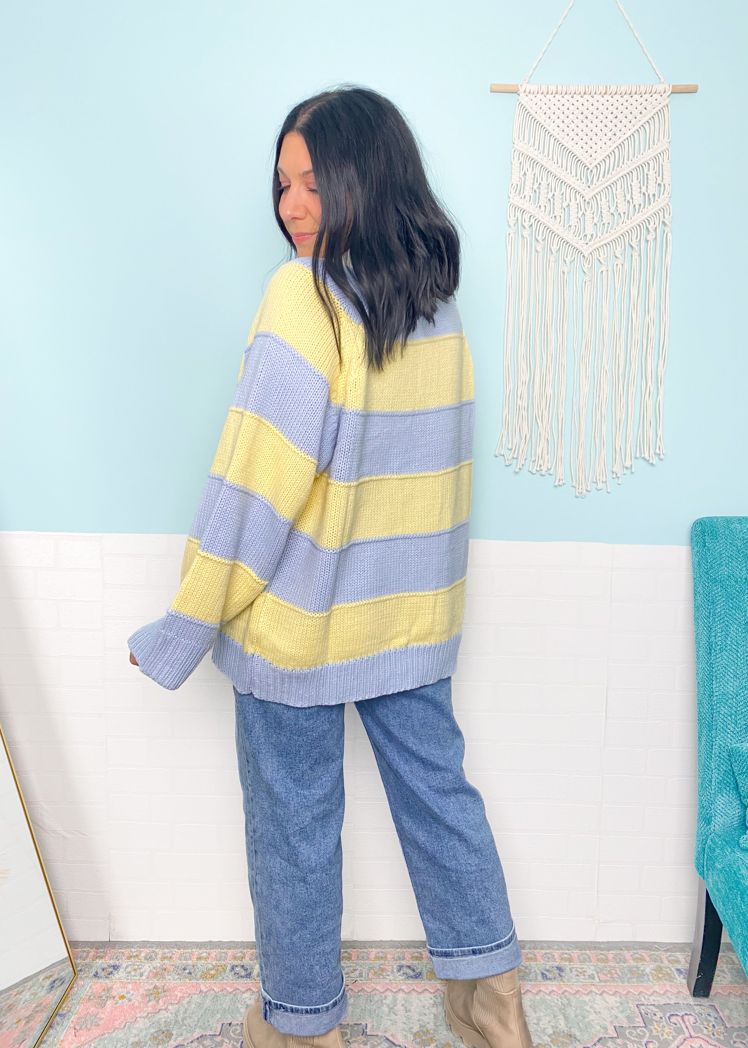 'Lemon Sky' Striped Henley Sweater