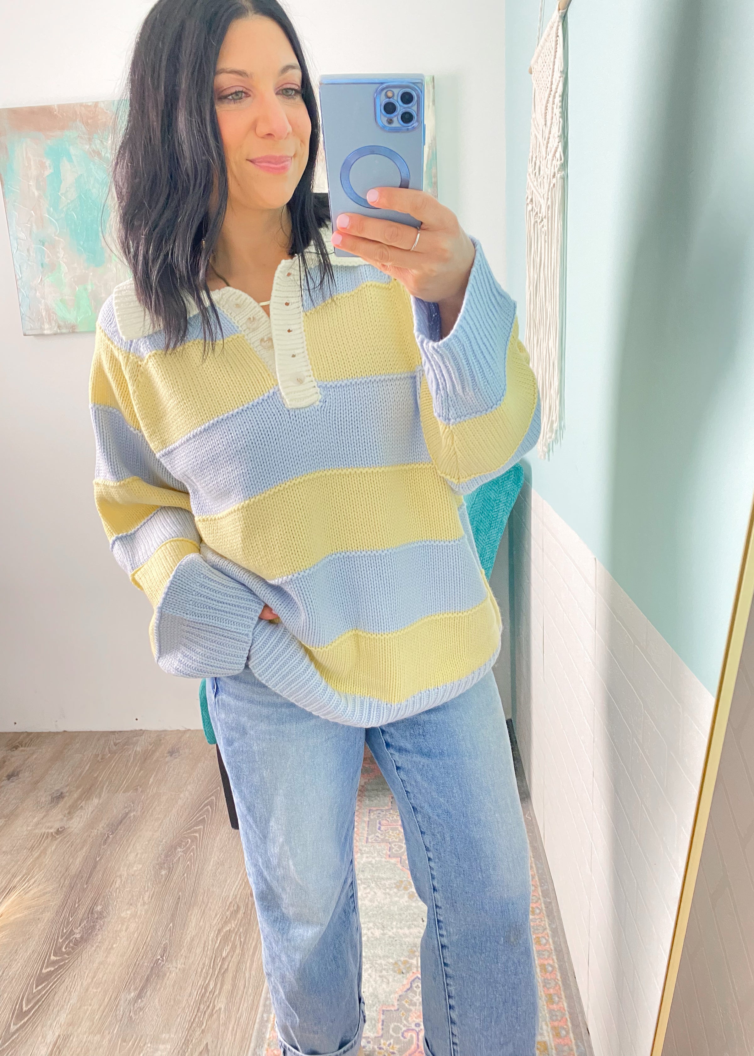 'Lemon Sky' Striped Henley Sweater