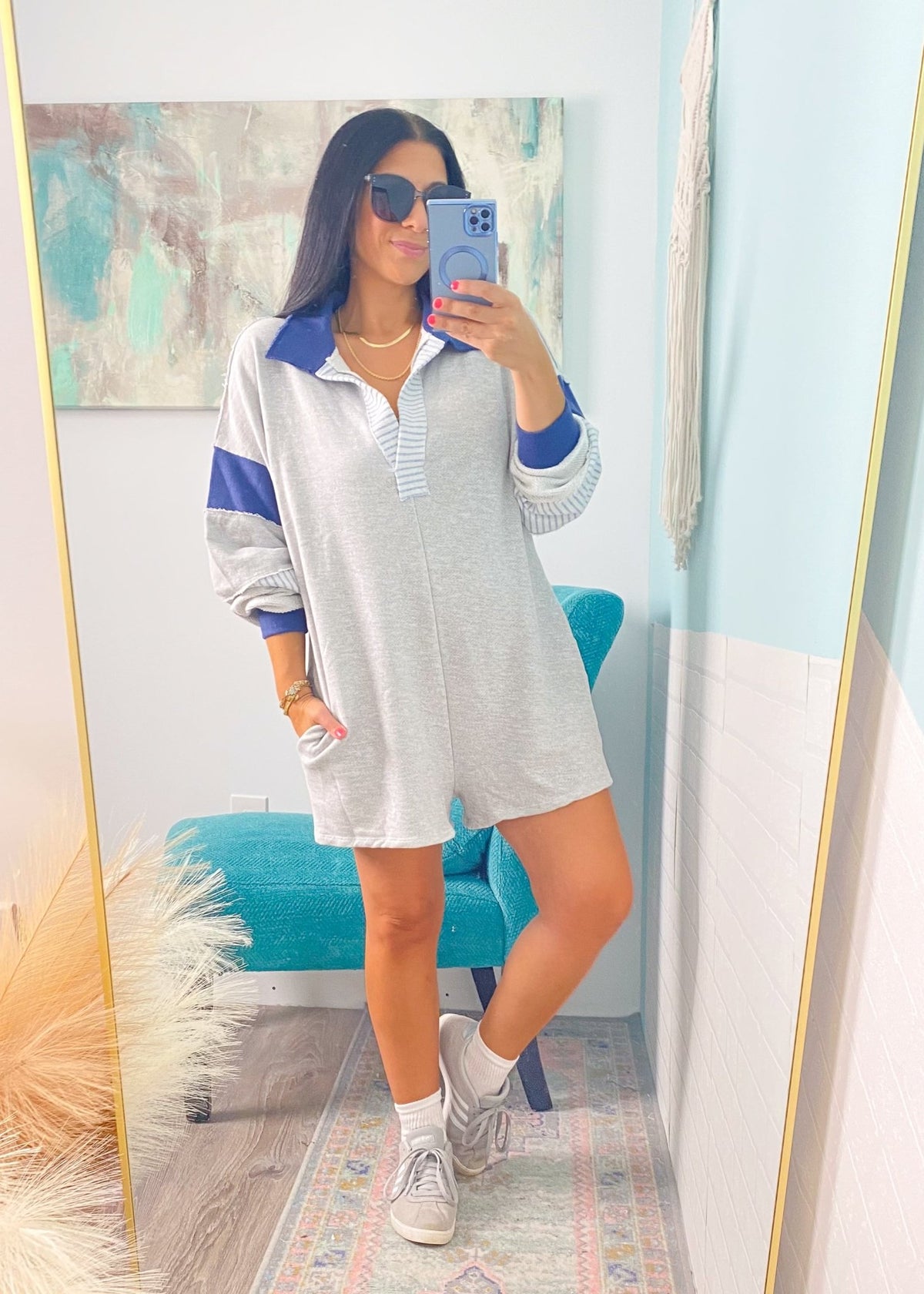 'Newport' Heather Gray + Navy French Terry Romper - Cali Moon Boutique