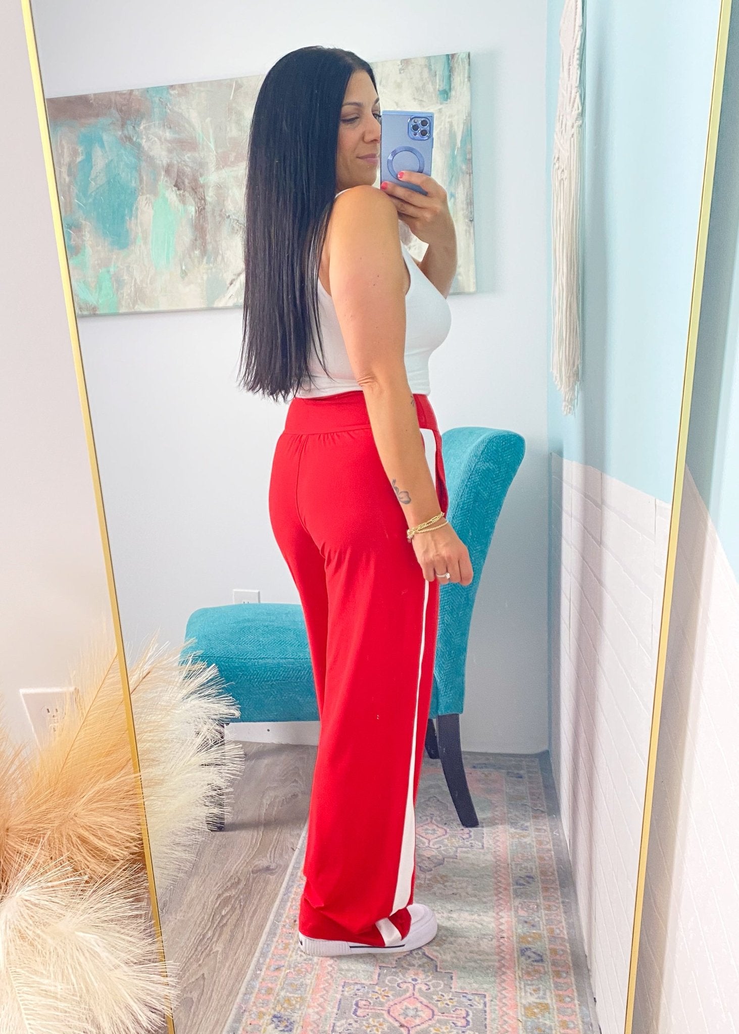 'Fast Track' Red with White Side Stripe Brushed Athleisure Pants - Cali Moon Boutique