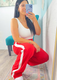 'Fast Track' Red with White Side Stripe Brushed Athleisure Pants - Cali Moon Boutique