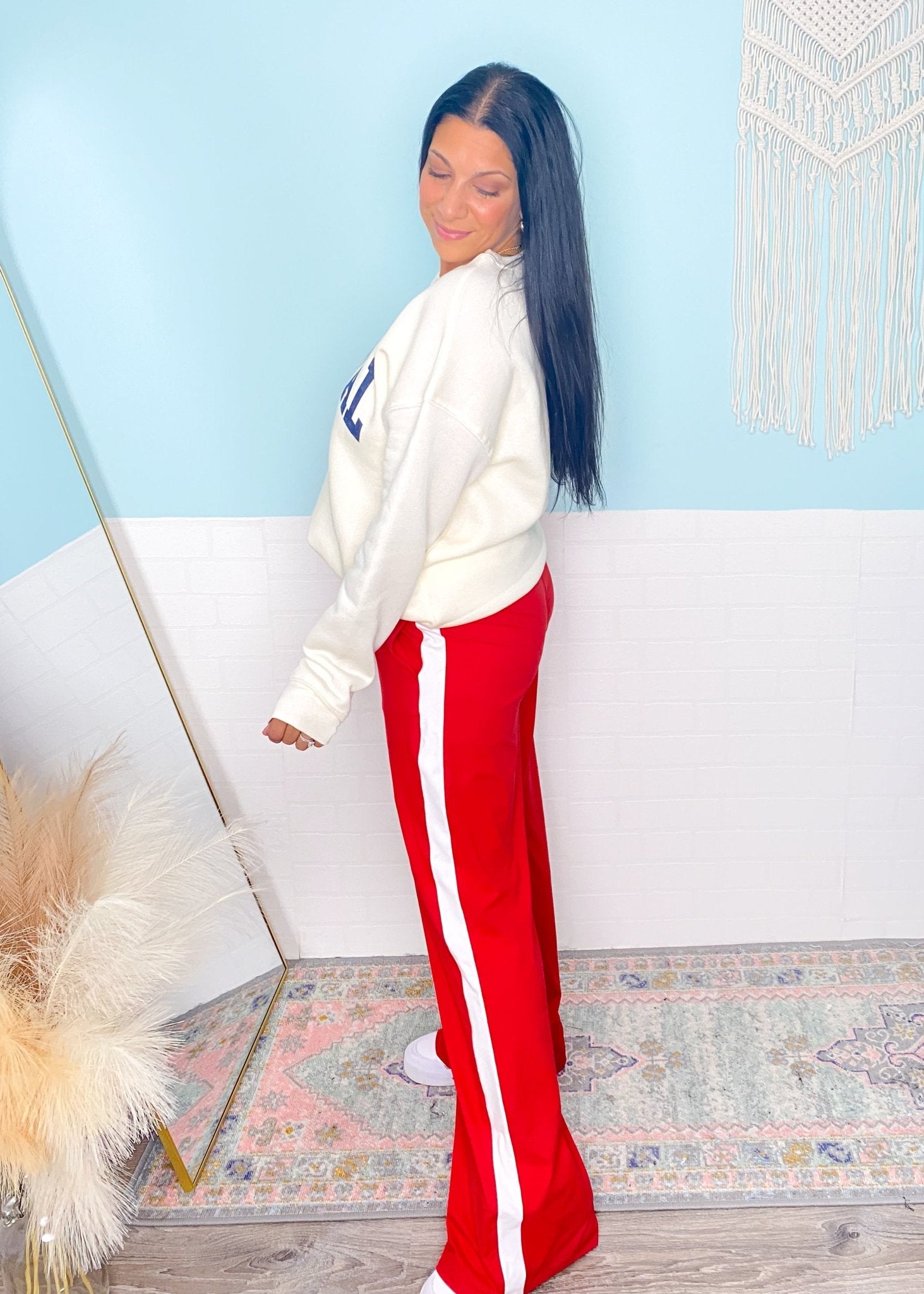 'Fast Track' Red with White Side Stripe Brushed Athleisure Pants - Cali Moon Boutique
