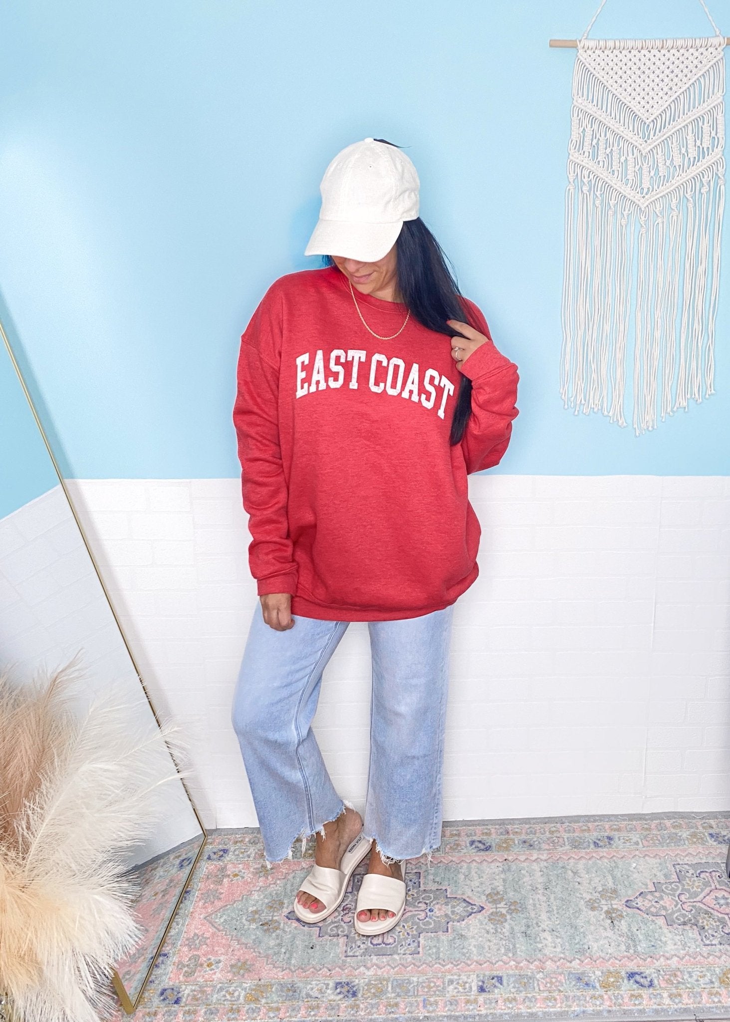 'East Coast' Heather Red Vintage Varsity Ultra Cozy Sweatshirt - Cali Moon Boutique