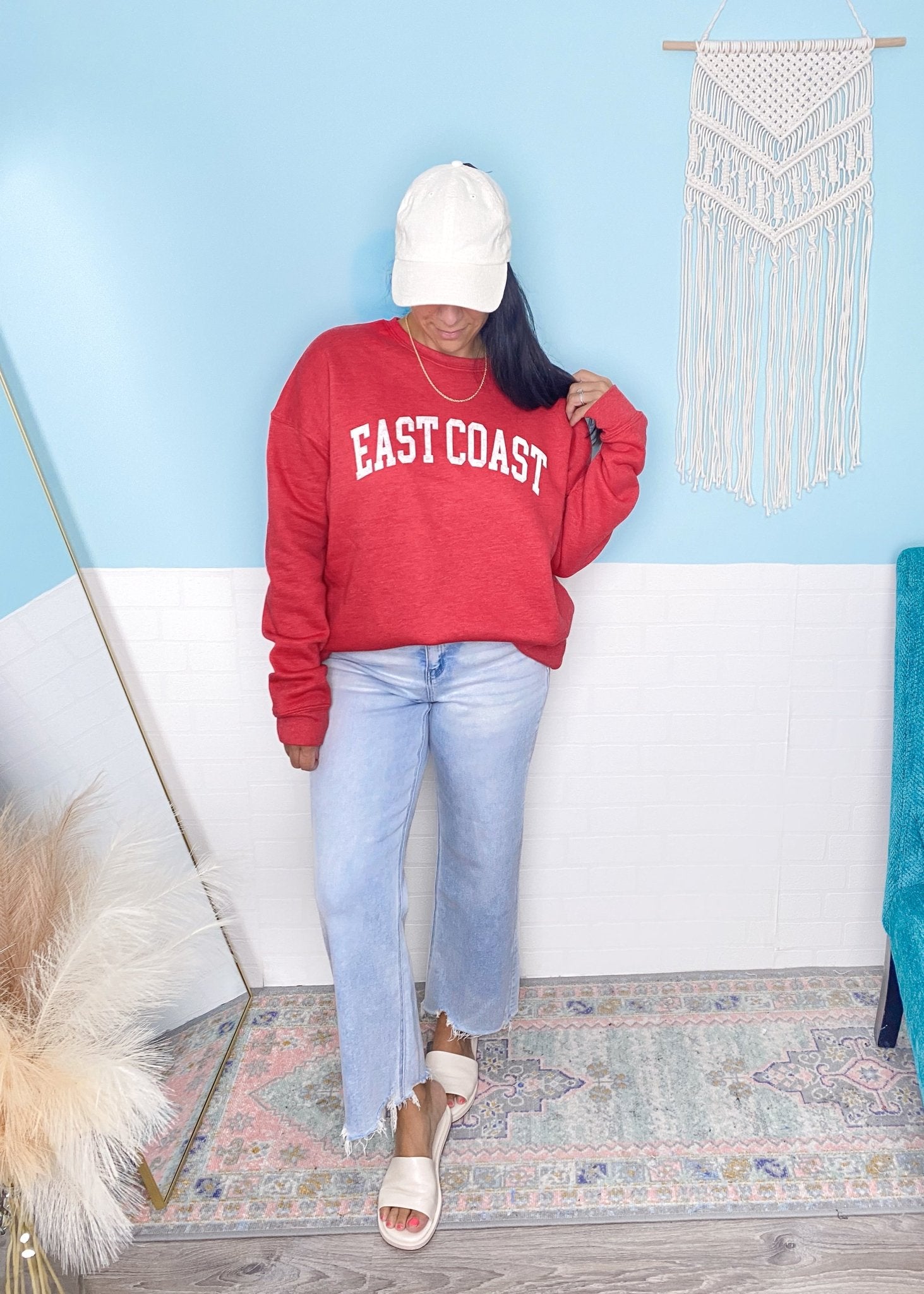 'East Coast' Heather Red Vintage Varsity Ultra Cozy Sweatshirt - Cali Moon Boutique