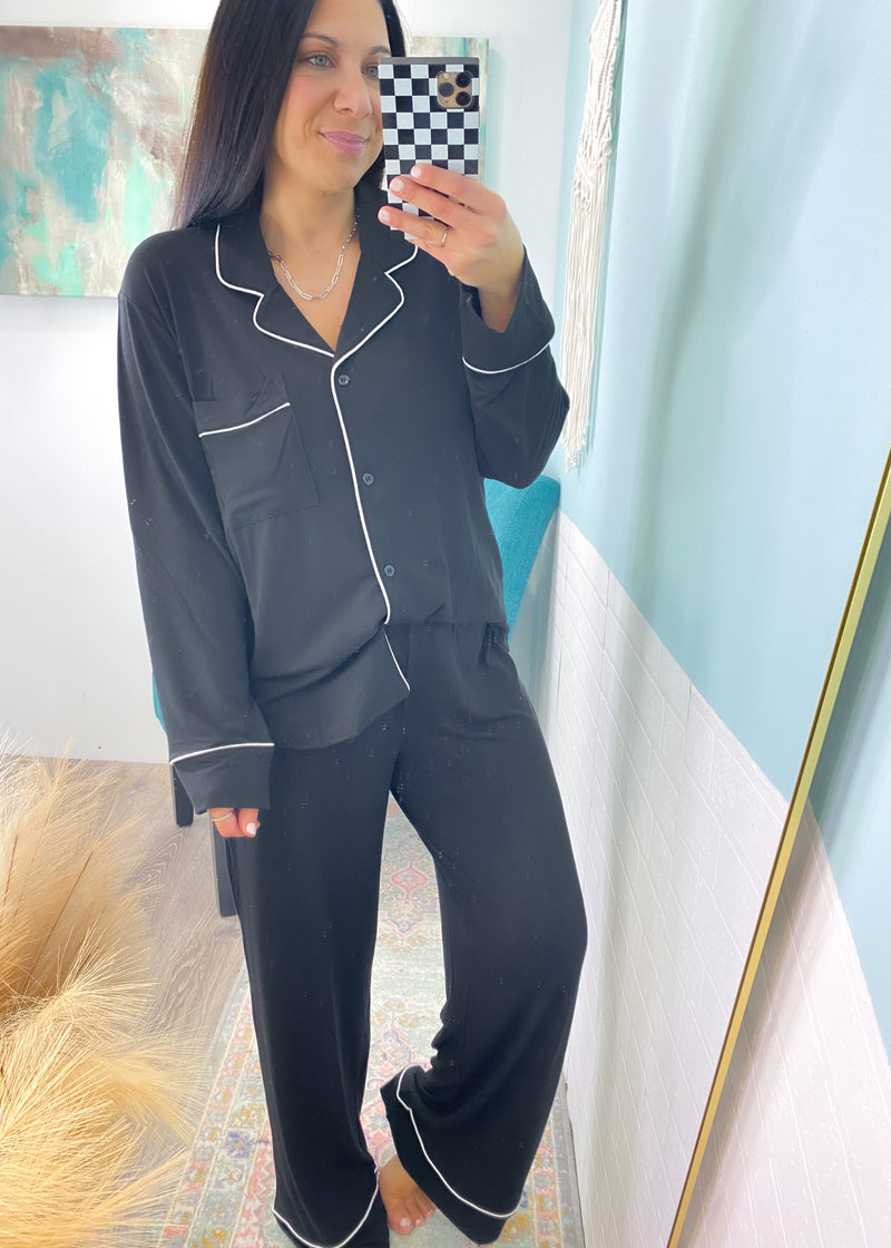 'Sweet Dreams' Black Ultra Soft Long Sleeve & Wide Leg Pants Pajamas-The coziest pajama set for your slow mornings and chill nights! This set is ultra soft, stretchy &amp; breathable featuring a button front, wide leg pant and chic piping trims.-Cali Moon Boutique, Plainville Connecticut