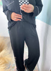 'Sweet Dreams' Black Ultra Soft Long Sleeve & Wide Leg Pants Pajamas-The coziest pajama set for your slow mornings and chill nights! This set is ultra soft, stretchy &amp; breathable featuring a button front, wide leg pant and chic piping trims.-Cali Moon Boutique, Plainville Connecticut