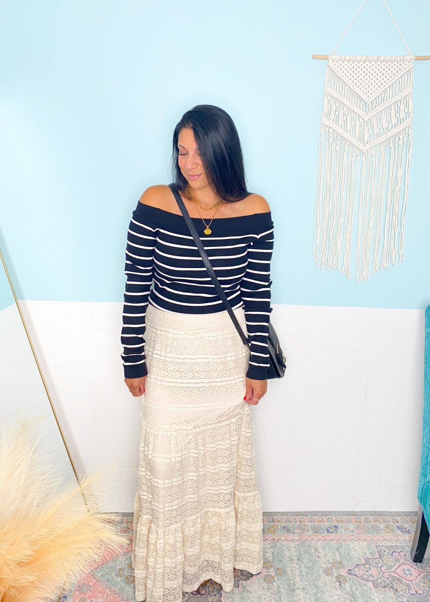 'Against the Tide' Black and Ivory Stripe Off the Shoulder Knit Top - Cali Moon Boutique