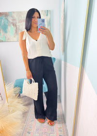 'Harbor Nights' Black Linen Pants with Side Slit - Cali Moon Boutique