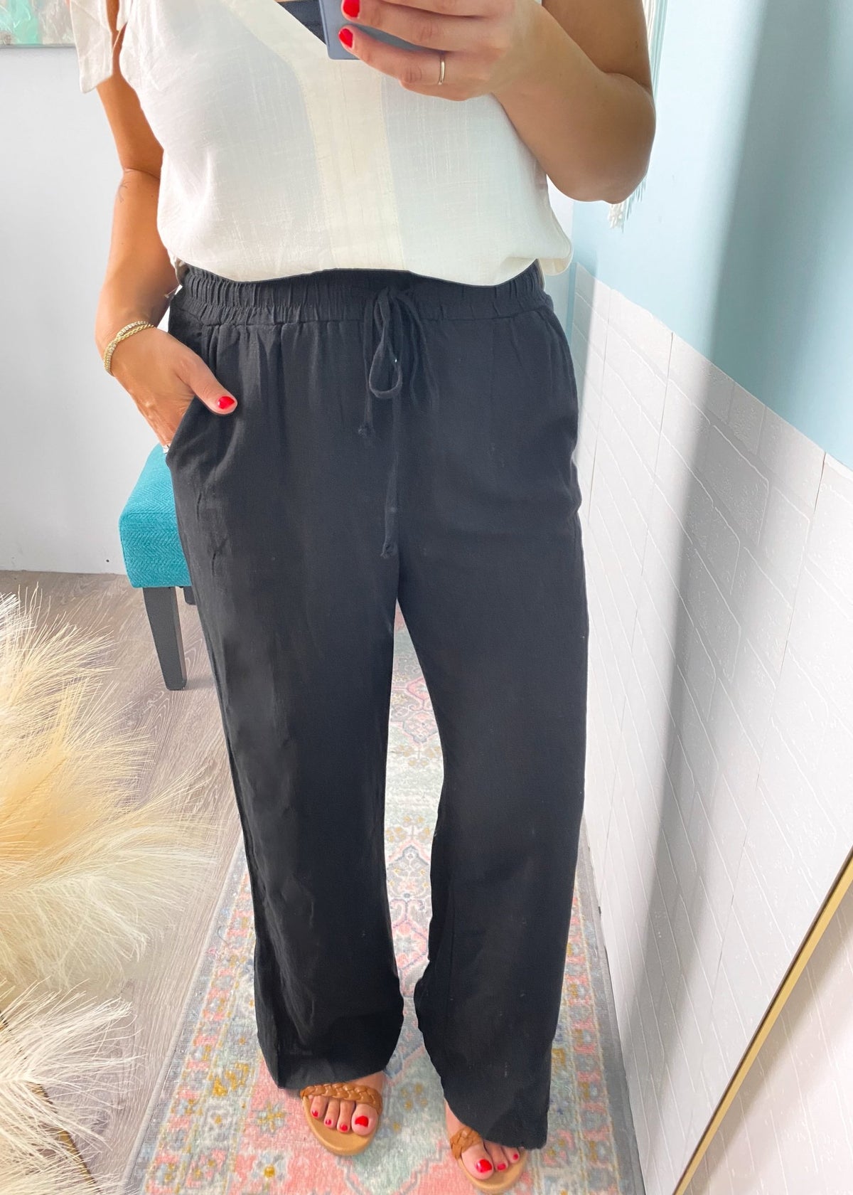 'Harbor Nights' Black Linen Pants with Side Slit - Cali Moon Boutique